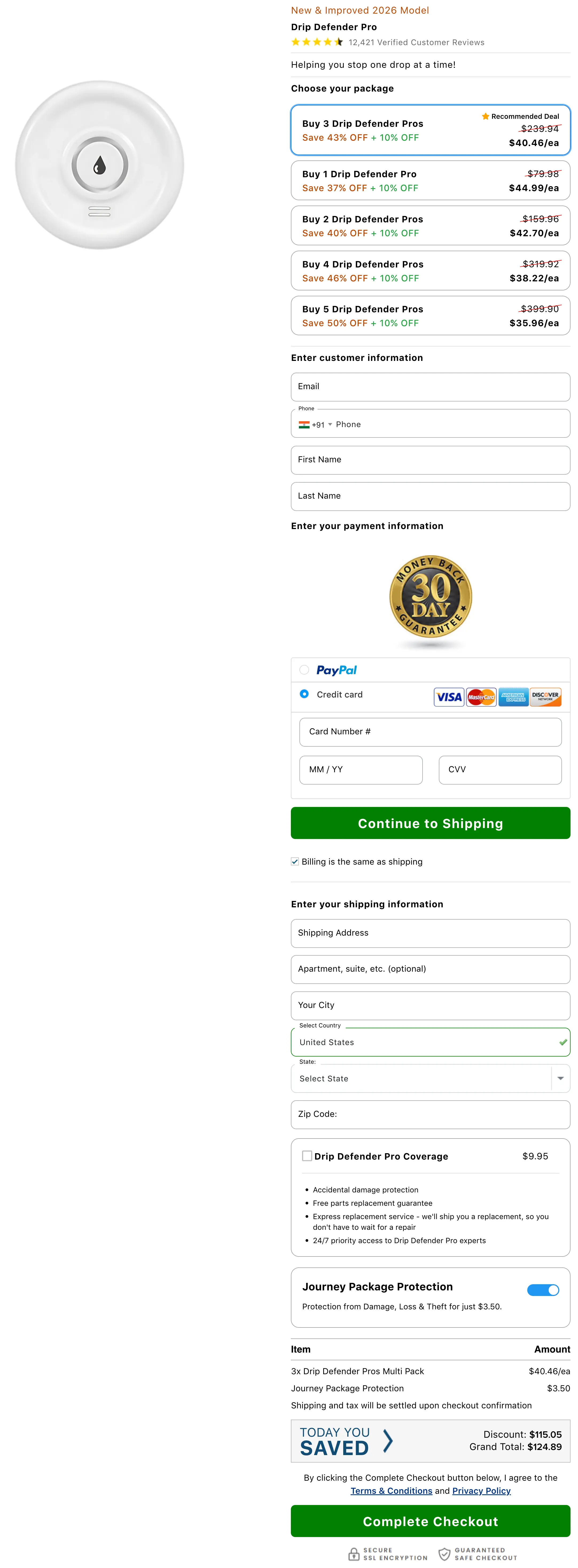 Drip Defender Pro 100% Secure Checkout page